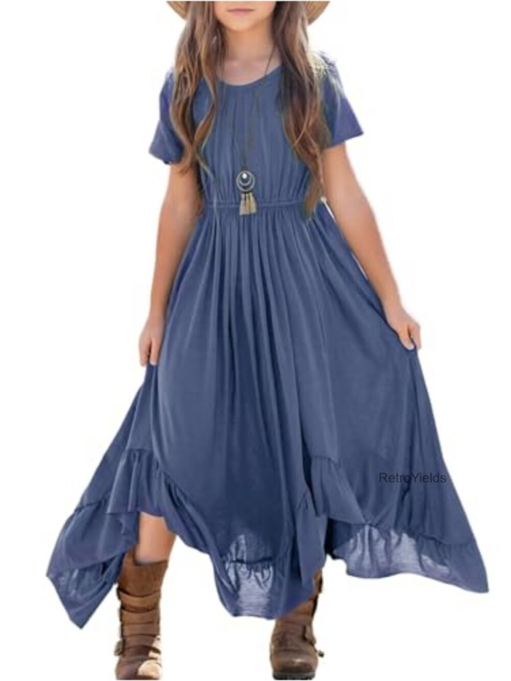 Tween Girls Maxi Dress Short Sleeve Flowy Boho Casual Summer Long Dress Big